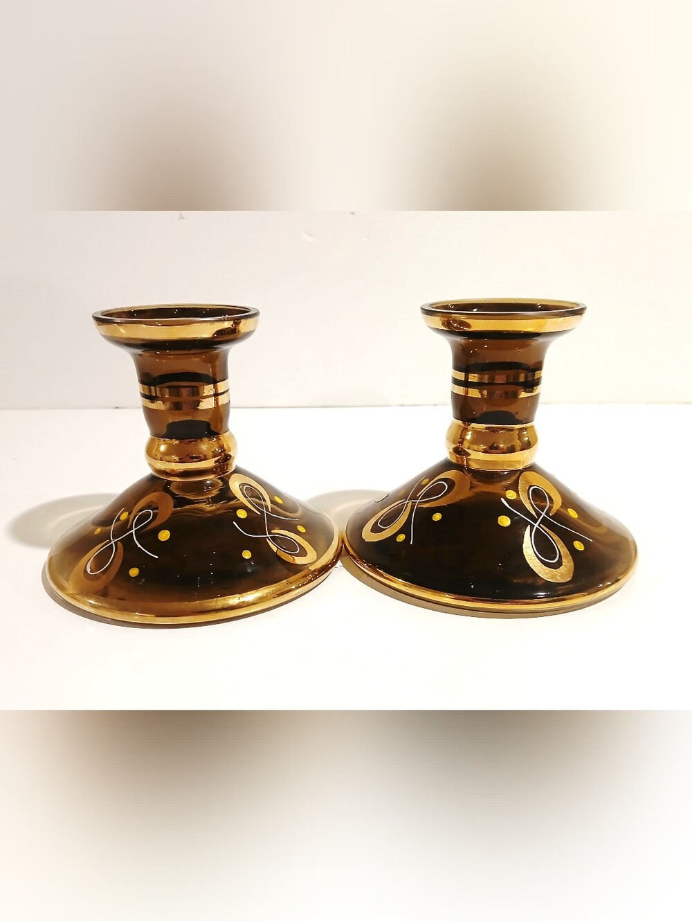 Vintage Czechoslovacian Amber Glass Candlestick Pair with Gold Accents